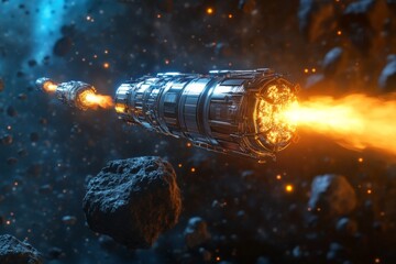 Poster - Innovative space vessel propelling through an asteroid field with blazing exhaust at the edge of the galaxy