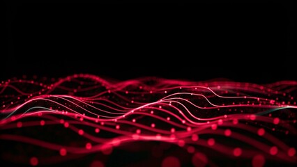 Poster - Abstract red wave lines forming a glowing neon pattern on a dark digital background, futuristic energy flow, technology light stream, vibrant motion effect, modern graphic design concept