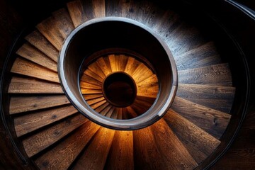 Poster - Spiral wooden staircase illuminated from below in a cozy architectural space