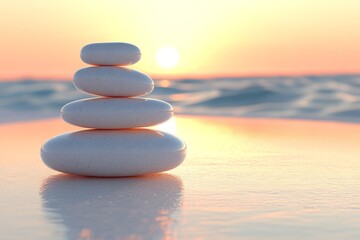 Aufkleber - Balanced stones reflect a serene sunset over calm waters at the beach