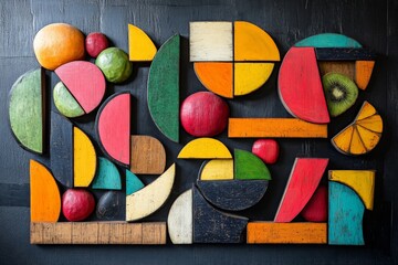Aufkleber - Colorful wooden fruit shapes arranged on a dark background showcasing abstract art with vibrant hues and geometric designs