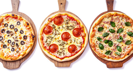 Poster - different types of italian pizzas on wooden boards generative ai