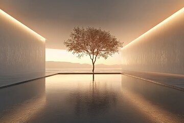 Fototapete - Serene sunset view of a solitary tree reflecting on tranquil water in a minimalist architectural setting