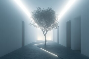 Fototapete - Futuristic corridor featuring a solitary tree and glowing light pathways in a misty environment
