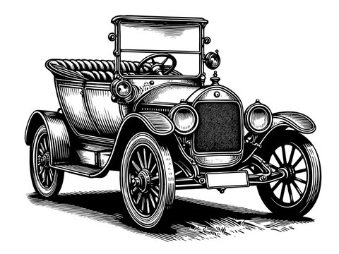 classic retro car, showcasing its iconic design and timeless appeal in black and white sketch engraving generative ai PNG illustration. Scratch board imitation. Black and white image.