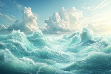 Aufkleber - Majestic ocean waves crash under a bright sky with fluffy clouds during a peaceful afternoon