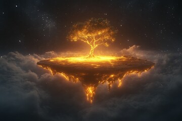 Poster - Mystical floating island with a glowing tree above a cosmic landscape at night