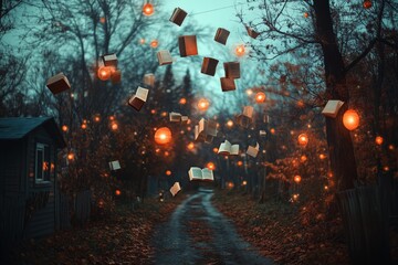 Aufkleber - Mysterious pathway illuminated by floating books and lanterns at twilight in a forest setting