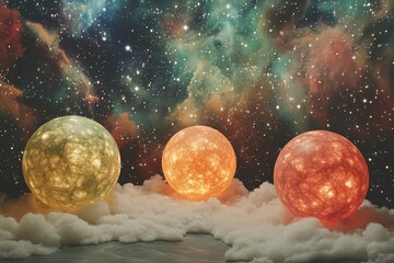 Poster - Vivid cosmic scene with three luminous spheres floating among colorful nebulae and clouds