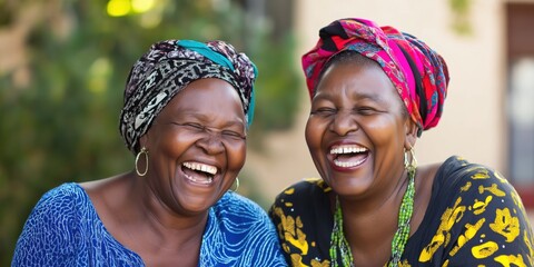 Sticker - Two women wearing colorful turbans are smiling and laughing together. Scene is joyful and lighthearted