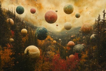 Poster - Colorful planets float above a serene forest landscape during autumn twilight