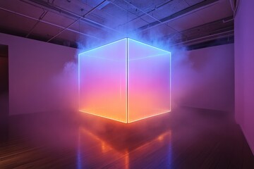 Fototapete - Vibrant illuminated cube creates an immersive atmosphere in an art gallery setting during an evening exhibition