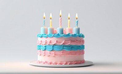 Wall Mural - Pink and blue layered cake with 5 lit candles, with blocks on top, on a white background...Concept: Birthday celebration.