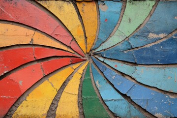 Poster - Colorful mural displaying a vibrant spiral pattern on a textured wall in an urban setting