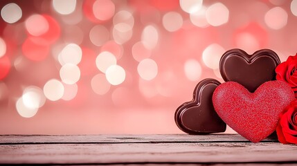 Poster - Elegant Valentine s Day gift scene featuring heart shaped chocolate and red roses arranged beautifully on a textured pink background  This romantic still life captures the essence of love and