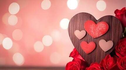 Poster - Luxurious heart shaped chocolate gift nestled among a romantic arrangement of red roses on a glowing pink background