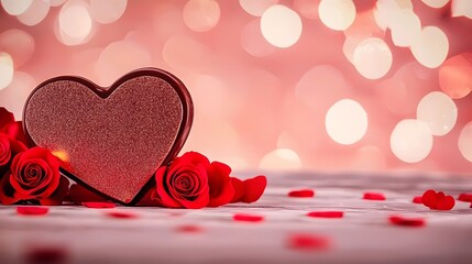 Poster - A lavish heart shaped chocolate box adorned with gleaming golden accents presented against a backdrop of vibrant red roses on a serene and dreamy pink surface