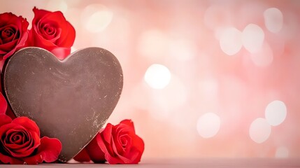 Aufkleber - A charming heart shaped chocolate valentine s gift surrounded by vivid red roses set on a softly lit pastel pink background with a romantic and elegant atmosphere