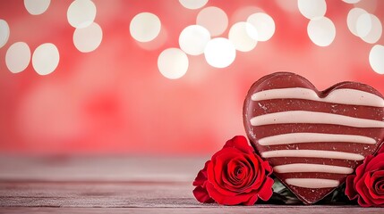 Poster - A romantic and luxurious composition featuring heart shaped chocolates and a bouquet of red roses highlighted by soft warm lighting against a smooth vibrant pink background