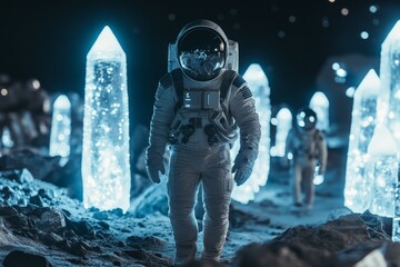 Poster - Astronauts exploring a crystalline landscape on the moon under a starry sky at night