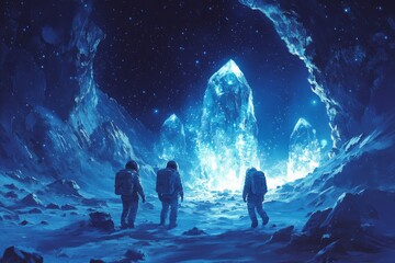 Aufkleber - Astronauts explore alien cave with glowing crystals on a distant planet at night