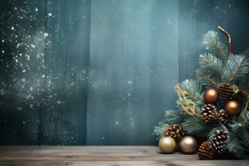 Poster - Christmas decoration with pine cones and golden baubles on wooden table over festive background