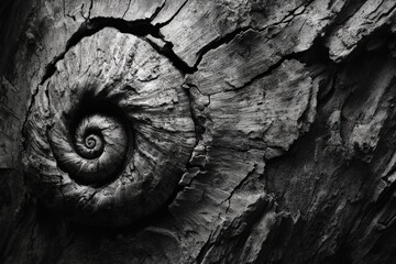 Poster - Detailed close-up of a fossilized nautilus shell embedded in ancient wood grain