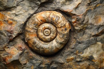 Poster - Ancient ammonite fossil embedded in rocky surface showcasing natural preservation and geological history