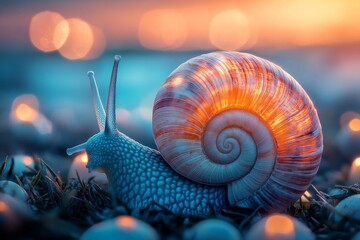 Aufkleber - Colorful snail crawls along the shoreline while the sun sets, creating a serene atmosphere at dusk