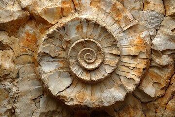Leinwandbilder - Fossilized ammonite shell showcases intricate spiral patterns on rocky surface in natural exhibit
