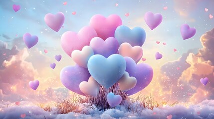 Aufkleber - Enchanting heart shaped LED lights in vibrant colorful gradient against a serene dreamy sky backdrop with soft wispy clouds  A romantic ethereal scene evoking love warmth and