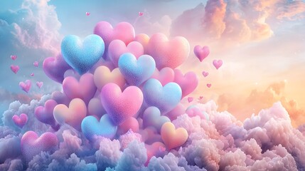 Poster - Beautifully arranged array of colorful LED heart shaped lights creating a glowing romantic display on a soft dark background  The scene evokes a sense of fantasy emotion and wonder with its ethereal