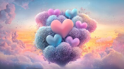 Poster - Enchanting display of vibrant LED heart shaped lights in a mesmerizing array of colors surrounded by a warm glowing gradient backdrop that creates a captivating ethereal atmosphere