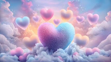 Aufkleber - Glowing Hearts of Love in Romantic Cloudy Dreamscape for Valentine s Day  Festive and dreamy LED hearts in vibrant multicolored lights against a high contrast