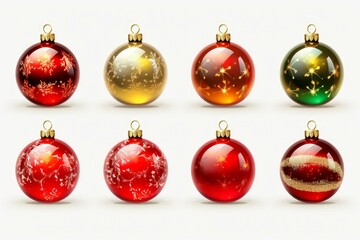 Poster - Eight colorful and shiny christmas balls with different patterns are hanging on white background, creating a festive atmosphere