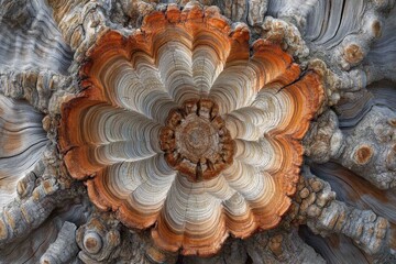 Poster - Stunning cross-section of a tree trunk displaying intricate growth rings and rich colors in natural setting