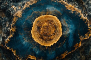 Poster - Unique cross-section of a blue and gold wooden log showcasing intricate natural patterns and textures