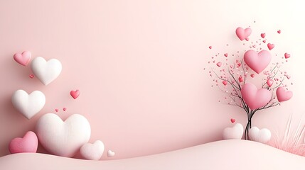 Poster - Enchanting heart shaped tree with glowing red and pink heart shaped leaves standing tall against a serene gradient background creating a captivating and romantic atmosphere