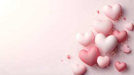 Aufkleber - Dynamic and romantic background featuring scattered glowing hearts of various sizes set on a soft textured pastel gradient  This image evokes feelings of love tenderness