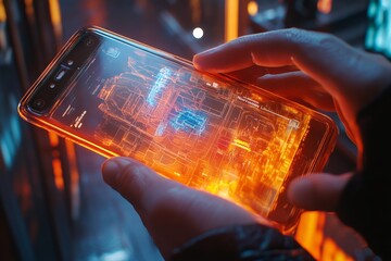 Poster - Futuristic smartphone displaying digital blueprints in a high-tech urban environment at night