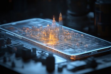 Poster - Digital cityscape emerging from a smartphone at night showcasing futuristic architecture and glowing details