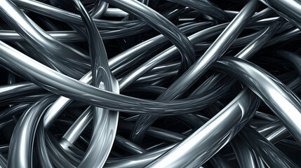 Abstract metallic tubes tangle, dark background, 3D render, tech background