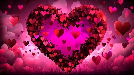 Aufkleber - Vibrantly glowing heart shaped symbol floating in a cloud filled pastel sky blending romantic hues of pink purple and orange for a dreamy Valentine s Day background