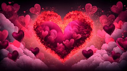 Poster - Vibrantly glowing heart surrounded by a cloud filled pastel sky blending romantic hues of pink purple and orange for a dreamy ethereal Valentine s Day atmosphere