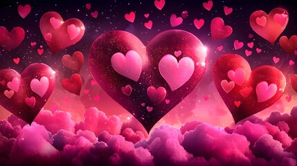 Poster - Vibrantly glowing heart shape enveloped in dreamy cloud filled pastel sky in shades of pink purple and orange  Romantic and enchanting background for Valentine s Day