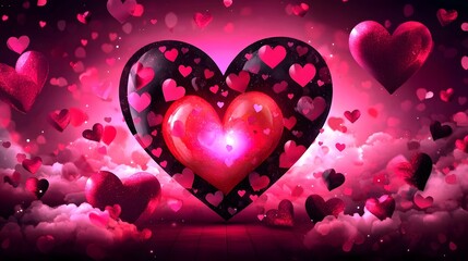 Aufkleber - Glowing heart icon floating amidst soft swirling clouds in a vibrant gradient of pink and blue hues creating a dreamy romantic atmosphere for Valentine s Day wedding or other festive occasions