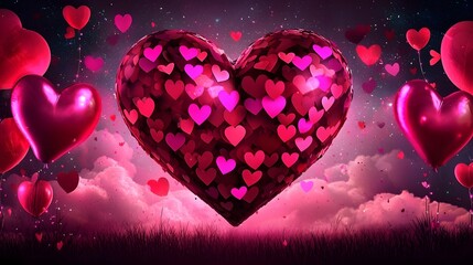 Aufkleber - Glowing heart symbol floating in a dreamy romantic cloudy sky with soft gradients of vibrant pink and blue hues creating a festive and enchanting mood  This digital has a surreal