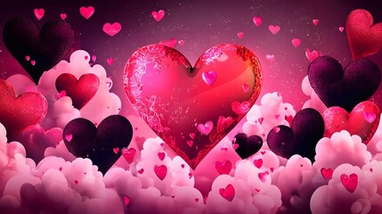 Poster - Glowing hearts floating among soft fluffy clouds in a light pink and blue sky backdrop creating a dreamy romantic scene perfect for Valentine s Day backgrounds wallpapers and other related designs