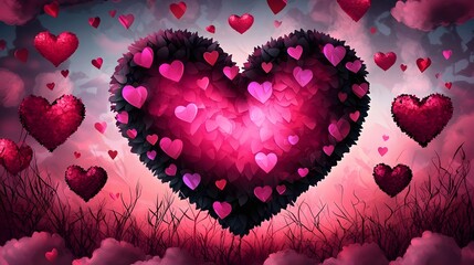 Poster - Glowing Romantic Heart Floating Amongst Fluffy Clouds in a Light Pink and Blue Sky Perfect for Valentine s Day Backgrounds and Designs