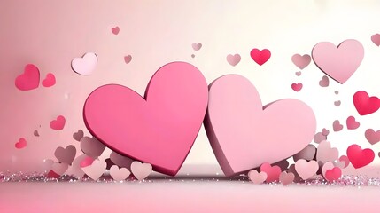 Poster - Romantic Valentine s Day background with two pink hearts placed on a table surrounded by soft bokeh lights and sparkling glitter for a festive holiday and design